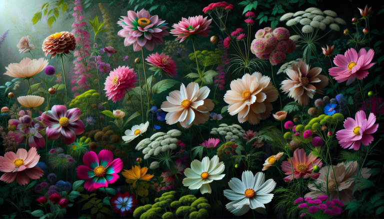Fleur en C, chrysanthèmes, camélias, œillets, cosmos dans un jardin florissant.