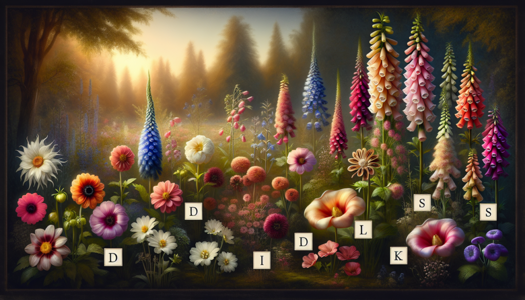 Fleurs en D diverses et colorées dans un jardin luxuriant, étiquetées en fonte élégante.