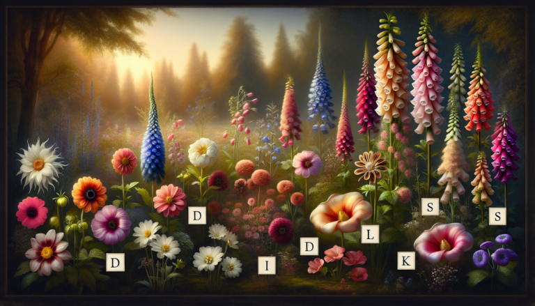 Fleurs en D diverses et colorées dans un jardin luxuriant, étiquetées en fonte élégante.