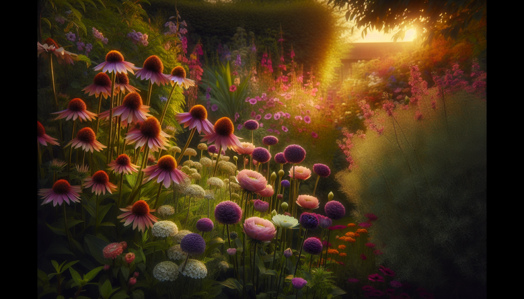 Fleurs E: Echinacea, Eustoma, Euphorbia. Jardin coloré et vibrant.
