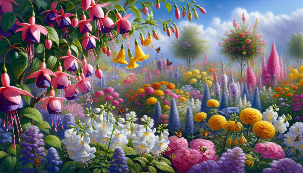 Montre : Fleur en F avec fuchsias, soucis, freesias et liseron bleu sous lumière naturelle.
