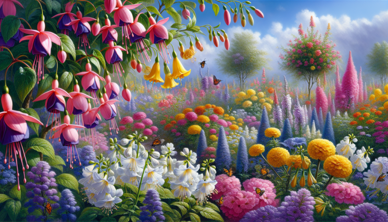 Montre : Fleur en F avec fuchsias, soucis, freesias et liseron bleu sous lumière naturelle.