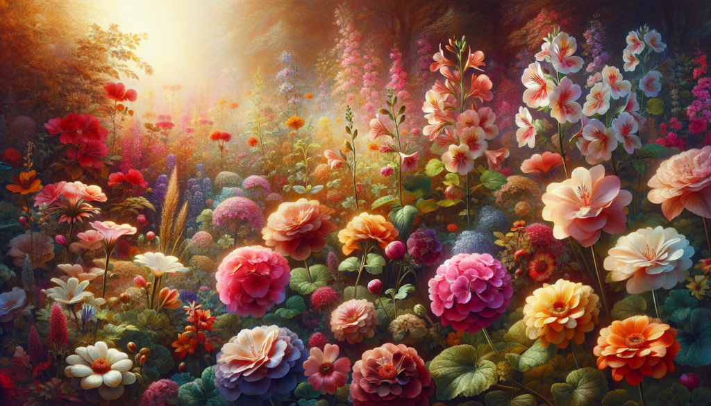 Fleur en G dans un jardin vibrant avec geranium, gardenia, glaïeul et gaillarde.