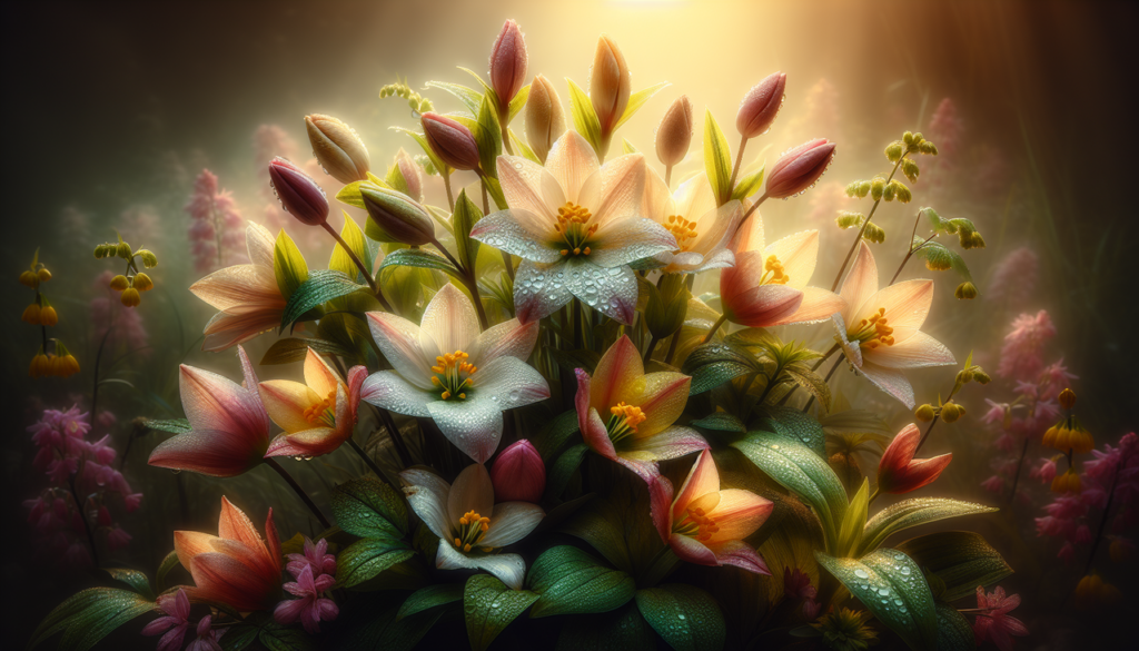 Fleur en J variées et colorées, artistiquement arrangées dans un jardin naturel et luxuriant.