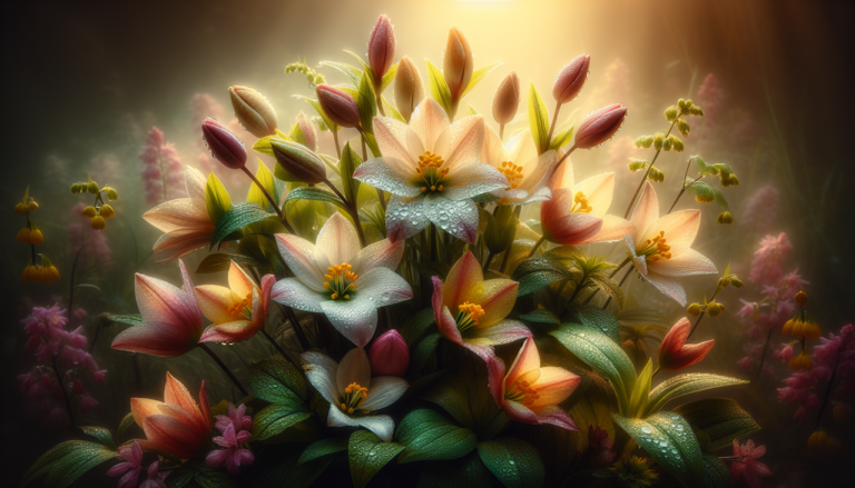 Fleur en J variées et colorées, artistiquement arrangées dans un jardin naturel et luxuriant.