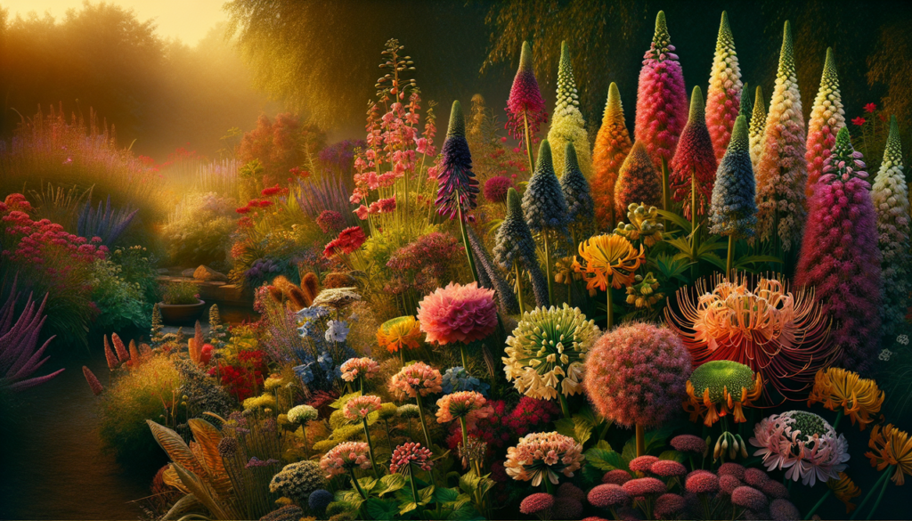 Fleur en K dans un jardin baigné de lumière dorée l'après-midi, mettant en valeur les textures et couleurs uniques des pétales et feuillages.