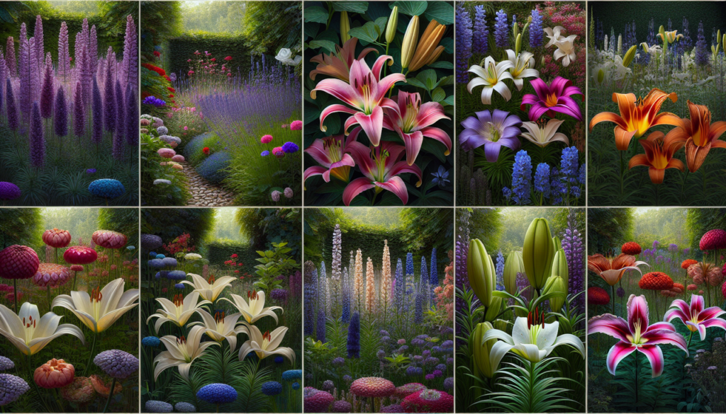 Fleurs en L : lavande, lys, lupin, lotus, en pleine floraison, couleurs vives et textures riches.