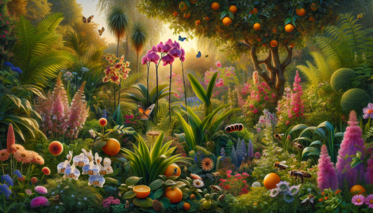 Fleur en O dans un jardin vibrant avec orchidées, osteospermums et orangers en parfaite harmonie.