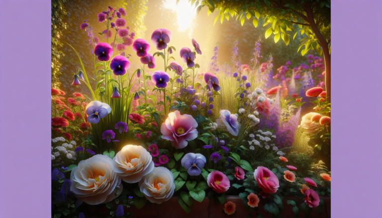 Fleurs en P : Pensées, Pétunias, Pivoines dans un jardin lumineux.