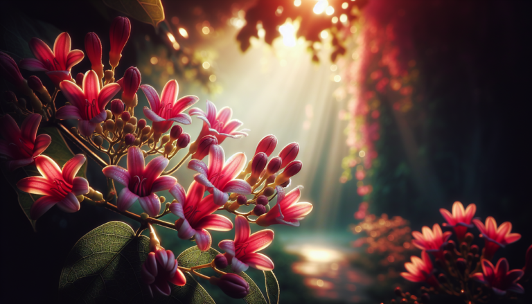 Fleur Quisqualis en pleine floraison avec un dégradé de pétales rose à rouge, éclairée par une lumière douce.