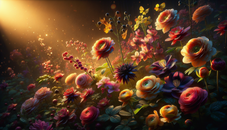 Fleur en R dans un jardin lumineux et vivant, avec roses, renoncules, rhododendrons et rudbeckias.