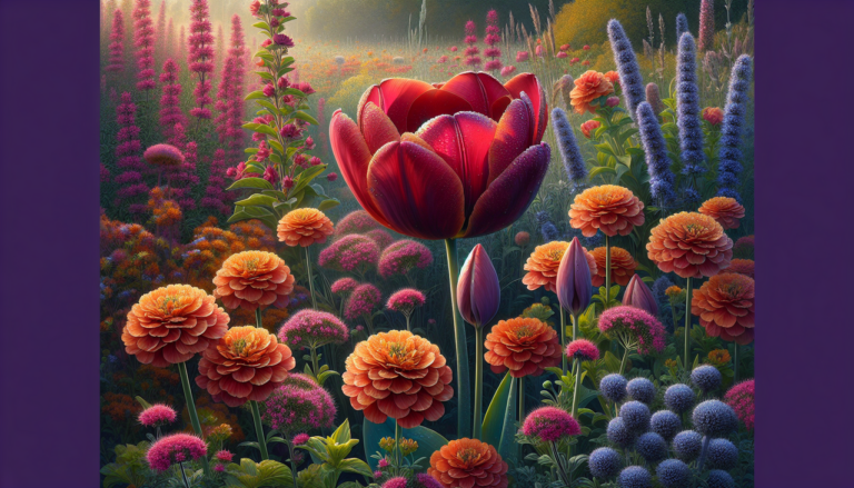Fleur en T dans un jardin vibrant : Tulipe écarlate, Tagètes orange, Thym lilas, Chardons bleus.