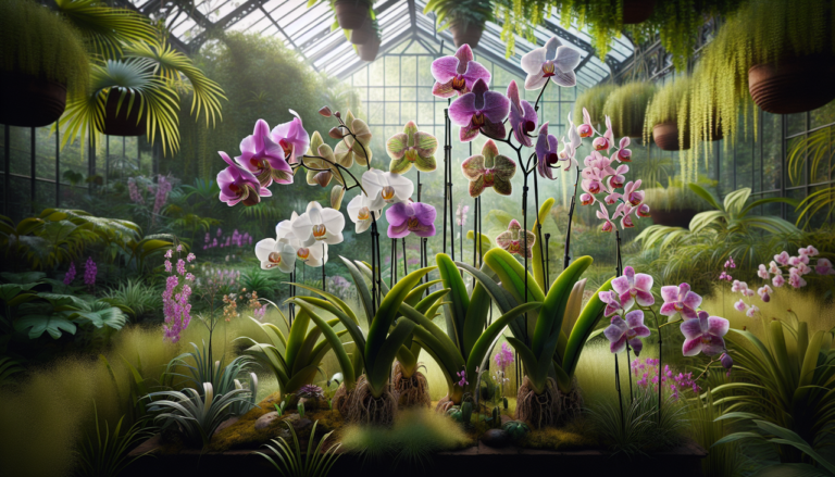 Une collection éblouissante d'orchidées Xylobium aux couleurs variées, entourée de plantes exotiques luxuriantes dans une serre vibrante.
