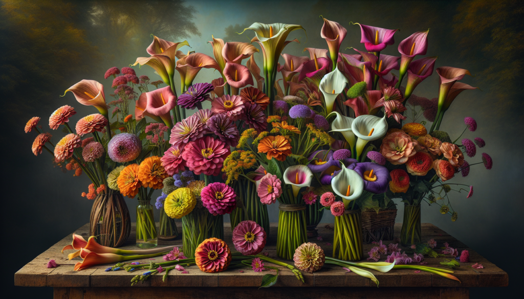 Fleurs Z : Zinnias, Callas, Lys de Prairie, mises en scène colorée et détaillée.