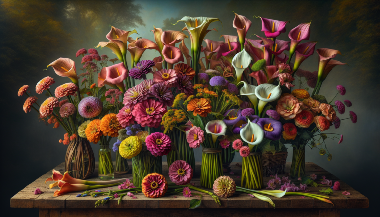 Fleurs Z : Zinnias, Callas, Lys de Prairie, mises en scène colorée et détaillée.