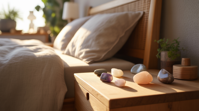 chambre paisible et réaliste à la lumière du matin avec des pierres naturelles comme l’améthyste et le quartz rose sur une table de chevet en bois