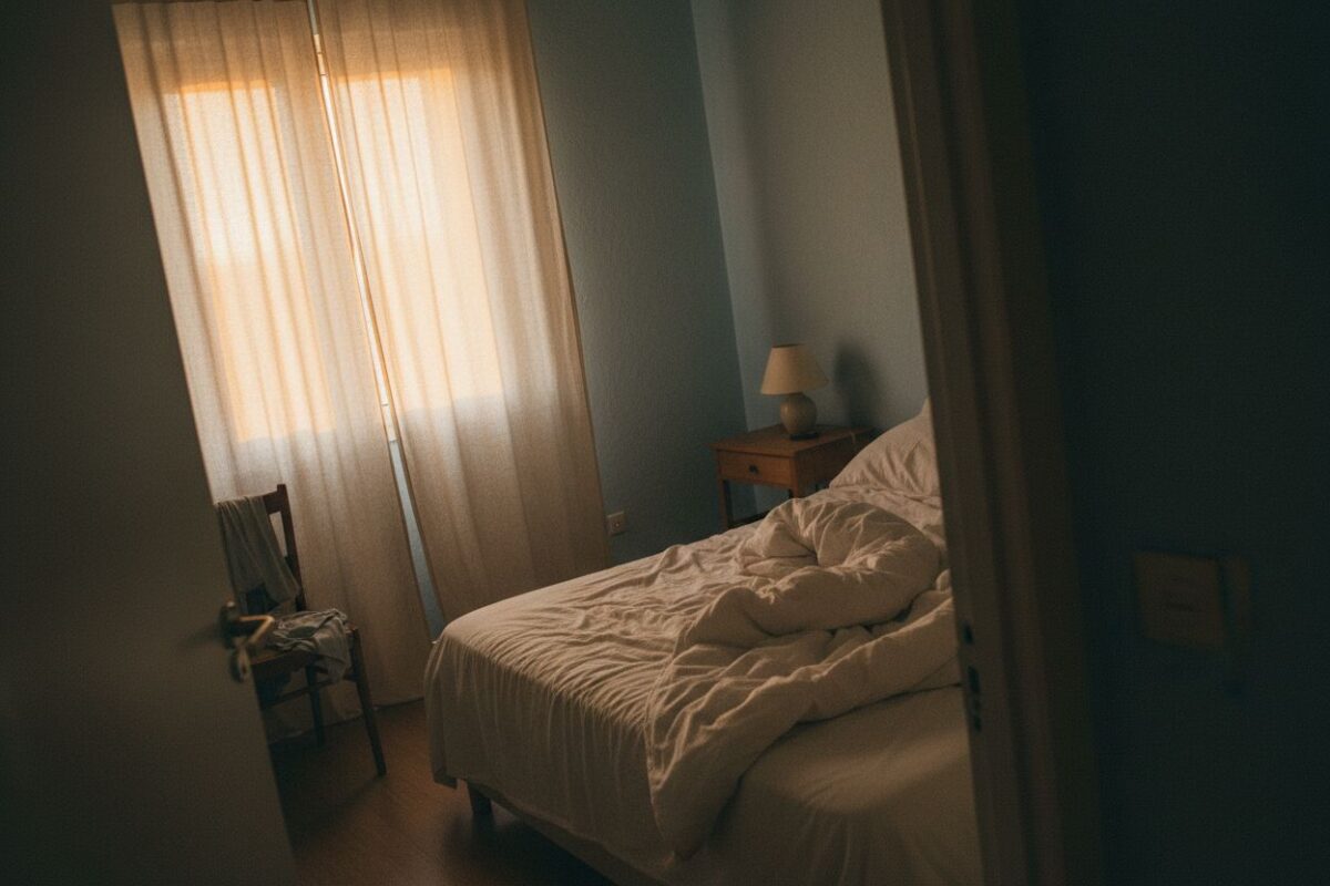 Une chambre à la tombée du jour, rideau tiré, lit défait