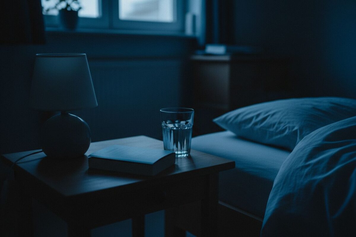 Une table de chevet, lampe éteinte