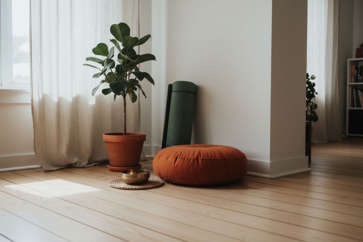Le coin de pratique : tapis roulé, coussin, petit bol, plante