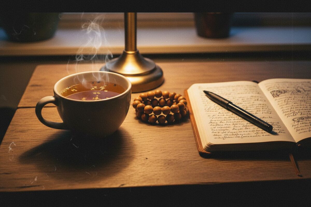 Une tasse fumante, un carnet, un bracelet de perles