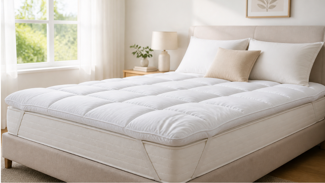 Surmatelas moelleux posé sur un matelas dans une chambre lumineuse